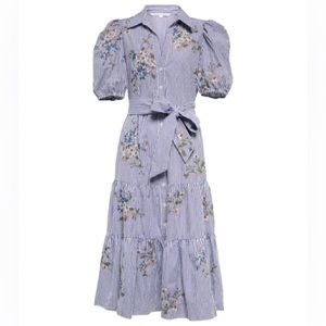 Veronica Beard Eunice Floral Embroidered Striped Button-Front Midi Dress